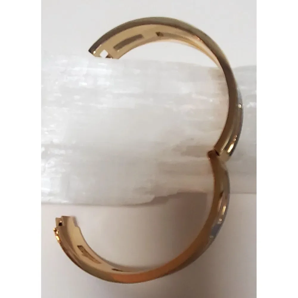 J. Crew Bracelet Hinged with Lock Navy Blue Enamel Gold Pierced Panels Bordered - Picture 7 of 12